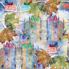 Old town with leaves painting in watercolor. Handmade seamless pattern for fabric.