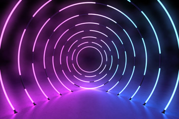 Ultraviolet 3D neon light background with circle tunnel in concrete floor and cement wall, 3d rendering of holographic technology for virtual reality pink cyan spectrum laser show