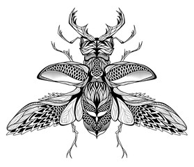 Stag-beetle tattoo. psychedelic, zentangle style. vector illustration