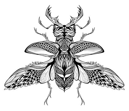 Stag-beetle tattoo. psychedelic, zentangle style. vector illustration