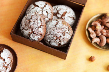 chocolate chip cookies on a gold background, homemade crumbly cookies