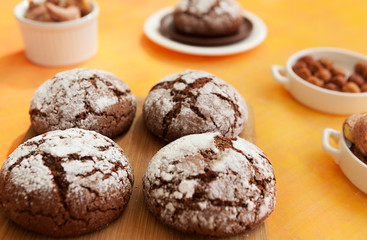 chocolate chip cookies on a gold background, homemade crumbly cookies