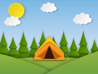 Paper cut summer landsape. Landscape with yellow tent, forest on the background. Adventures in nature, vacation, and tourism vector illustration.