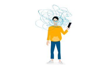 Overdose of information from social networks. A user with a smartphone in hand is wrapped in a tangle of lines, concept