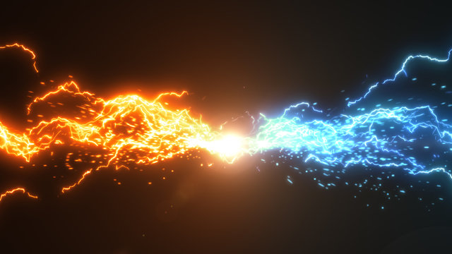 Fire and Ice. Thunder and electric style with spark concept design on black background