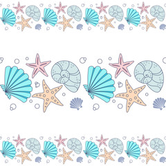 Seamless horizontal border with colorful seashells and starfish on a white background. Vector design template for wallpaper, wrapping paper, packaging, printing on fabric, textile, clothes and bags