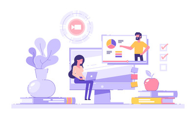 Girl student studying at home with her laptop with piles of books and  pc on the background. E-learning, webinar, online video training, distance education concept. Modern vector illustration.