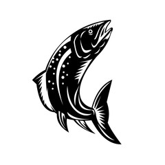 Spotted Trout Fish Jumping Woodcut Retro Black and White