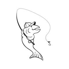 Trout Fish With Fishing Rod and Reel Cartoon Black and White