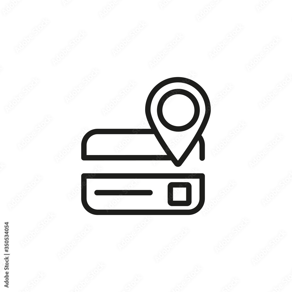 Poster line icon of letter with location pointer. mail address, bank address, terminal pointer. location co