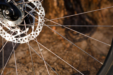 Bicycle wheel with elements closeup: disc brakes, spokes, reflector. Background on the theme of...