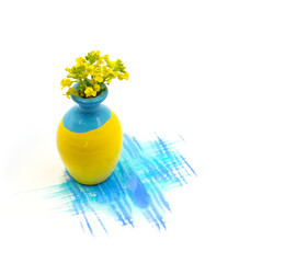 Small cute tiny vase with mini flowers bouquet and hand painted watercolor blot spot isolated on white background. Photo with free blank copy space for text. For cards, posters, website decoration