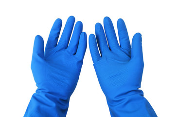 Obraz premium Coronavirus protective measures.Hands in blue medical gloves isolated on a white background.
