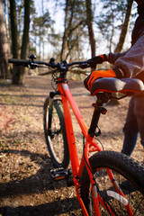 Fototapeta na wymiar Bicycle with orange frame in the forest on the highway. A bicyclist in black and orange gloves holds the bike by the frame and seat. Theme of Cycling, sports, healthy lifestyle
