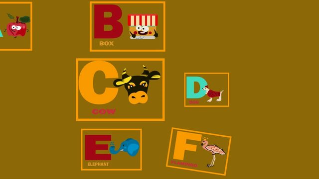 educaional flash cards animation alphabet from A to F, funny cartoon characters