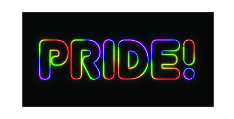 Pride! neon light sign in bright rainbow colors glowing brightly on a dark black background