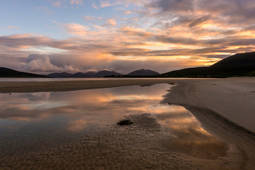 dawn light catching on tide pools at Seilabost beach Harris, Outer Hebrides