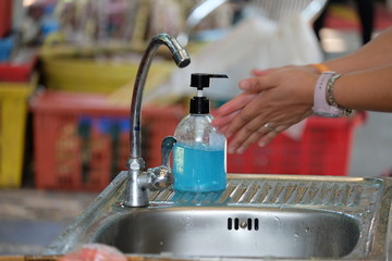 Gel bottles and public handwashers for general people, used for washing hands Clean virus protection