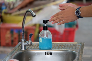 Gel bottles and public handwashers for general people, used for washing hands Clean virus protection