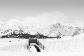 skiers underpass in the Pyrenees
