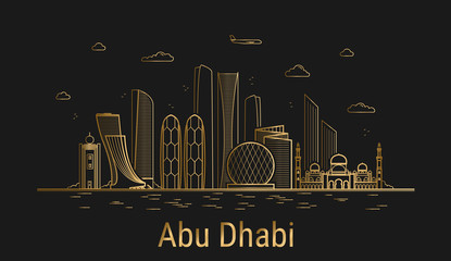 Abu Dhabi city line art, golden architecture vector illustration, skyline city, all famous buildings. - obrazy, fototapety, plakaty