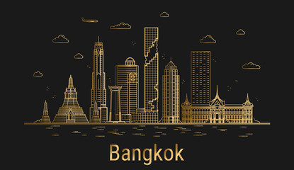 Obraz premium Bangkok city line art, golden architecture vector illustration, skyline city, all famous buildings.