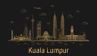 Obraz premium Kuala Lumpur city line art, golden architecture vector illustration, skyline city, all famous buildings.
