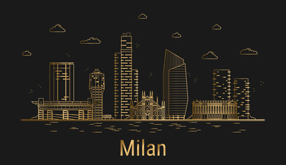 Naklejka premium Milan city line art, golden architecture vector illustration, skyline city, all famous buildings.