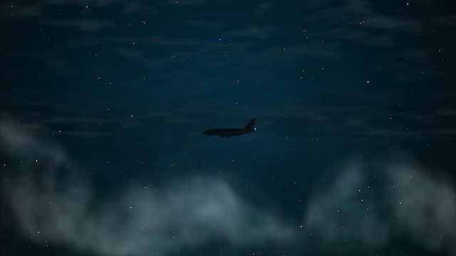 Silhouette of aircraft flying over the deep night timelapse clouds with dark starry sky.