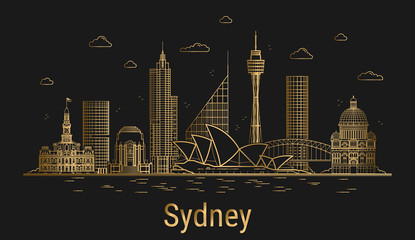 Fototapeta premium Sydney city line art, golden architecture vector illustration, skyline city, all famous buildings.