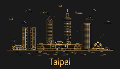 Obraz premium Taipei city line art, golden architecture vector illustration, skyline city, all famous buildings.
