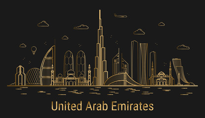 United Arab Emirates city line art, golden architecture vector illustration, skyline city, all famous buildings.