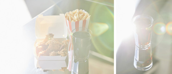 collage of deep fried chicken, french fries and soda in glass on glass table in sunlight