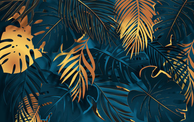 Gold and dark vector turquoise tropical leaves on dark background. Exotic botanical background design for luxury brands. - obrazy, fototapety, plakaty