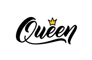Queen word in hand lettering style. Vector calligraphic inscription. Trendy handwritten text design for print on clothes. Queen word with crown.