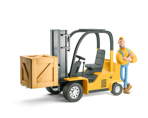 3d illustration. Cartoon character. Deliveryman in overalls standing next to a forklift.