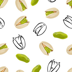 Vector Pistachios seamless pattern. Color cartoon flat illustration of nuts on  white background. Black and white outline.