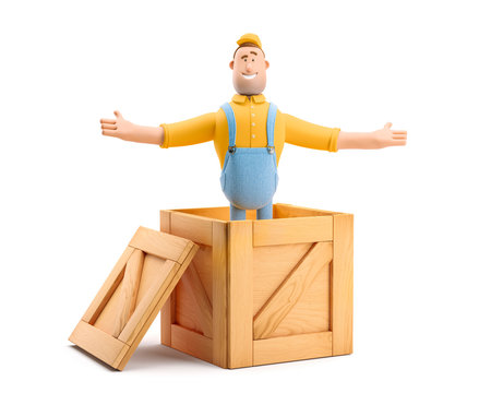 3d illustration. Cartoon character. Deliveryman in overalls  jumps out of a wooden box.