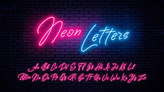 Neon handwritten letters. Glowing red font, isolated on wall background. Modern vector neon letters set.