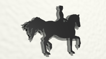woman riding horse on the wall. 3D illustration of metallic sculpture over a white background with mild texture