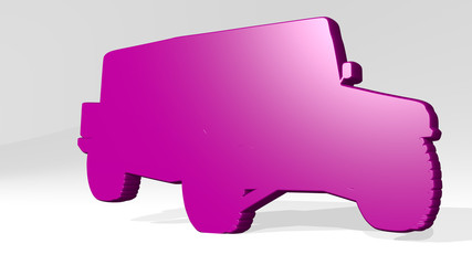military car made by 3D illustration of a shiny metallic sculpture on a wall with light background