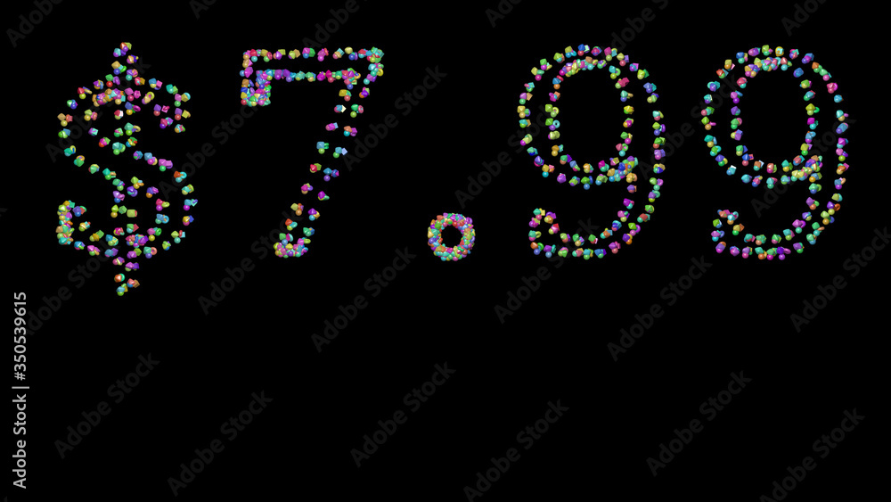 Poster $7. written in 3d illustration by colorful small objects casting shadow on a black background