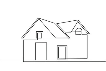 Continuous line drawing of exterior appearance of the front of the house with a roof. Modern. Townhouse building apartment. Home facade with doors and windows. house, roof, real estate