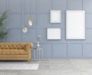 Interior design simple scene with mock up frames. Modern interior. 3d render studio. 3d illustration.