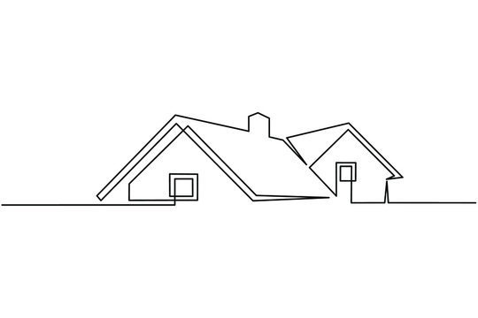 Continuous line drawing of exterior appearance of the front of the house with a roof. Modern. Townhouse building apartment. Home facade with doors and windows. house, roof, real estate