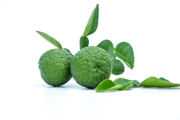 Citrus hystrix or Kaffir Lime is a citrus fruit native to tropical Asia, and green leaf isolated on white background