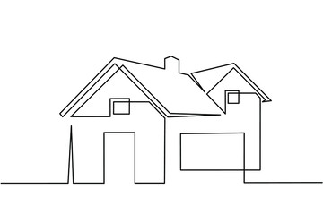 Continuous line drawing of exterior appearance of the front of the house with a roof. Modern. Townhouse building apartment. Home facade with doors and windows. house, roof, real estate