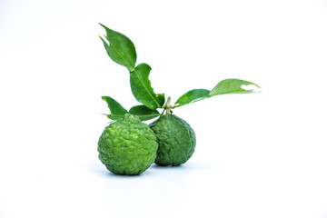 Citrus hystrix or Kaffir Lime is a citrus fruit native to tropical Asia, and green leaf isolated on white background