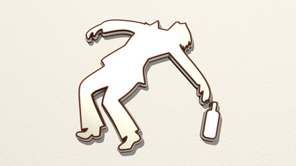DRUNK MAN WITH BOTTLE on the wall. 3D illustration of metallic sculpture over a white background with mild texture