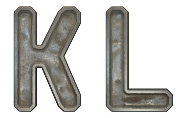 Set of capital letters K and L made of industrial metal isolated on white background. 3d